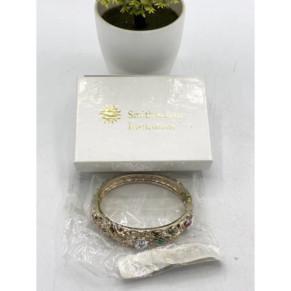 Smithsonian Institution Enamel Rhinestone Bangle Bracelet Floral Gold Tone NWT